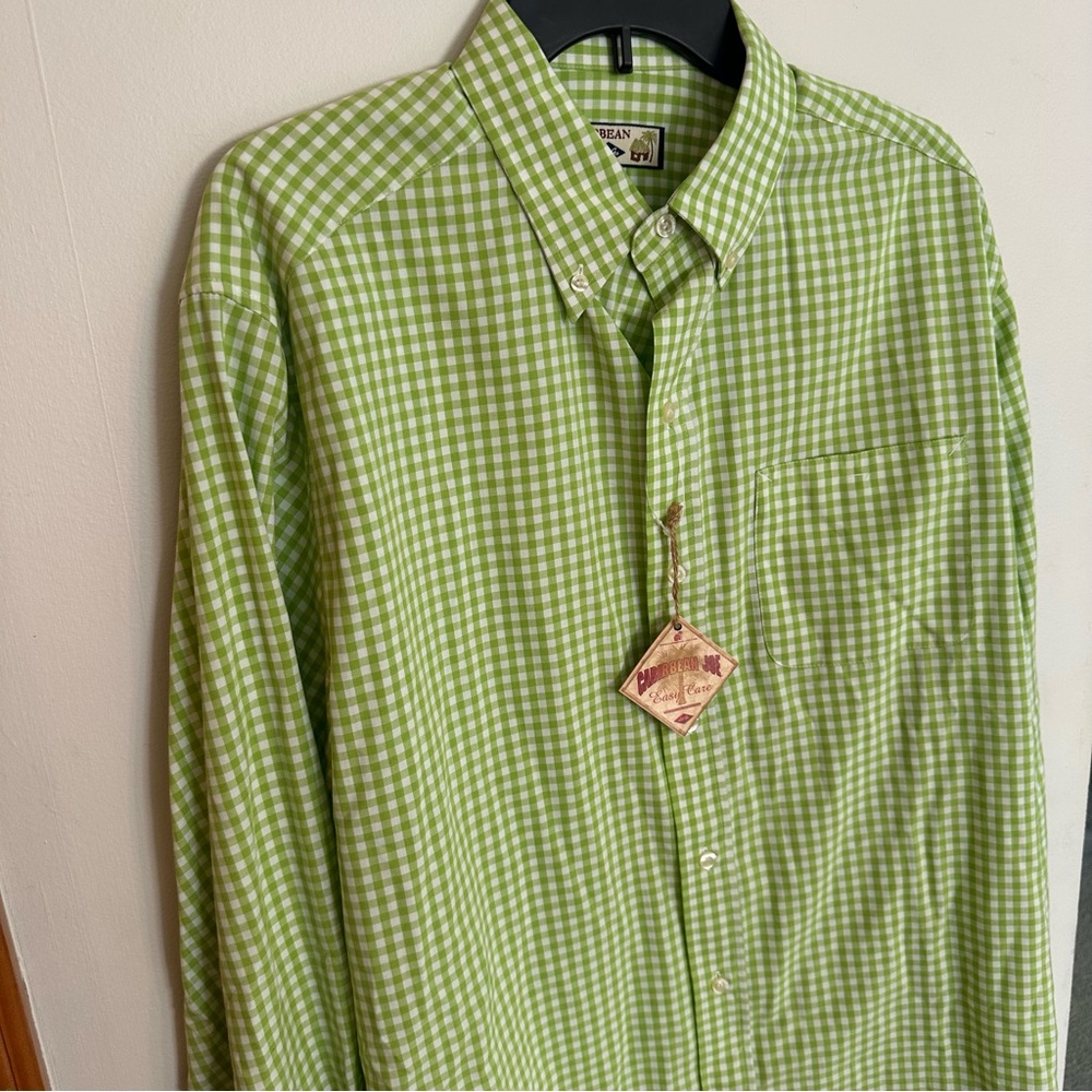 Caribbean Joe Mens L Green Checked Island Supply Button-Up Long Sleeve Shirt NEW
